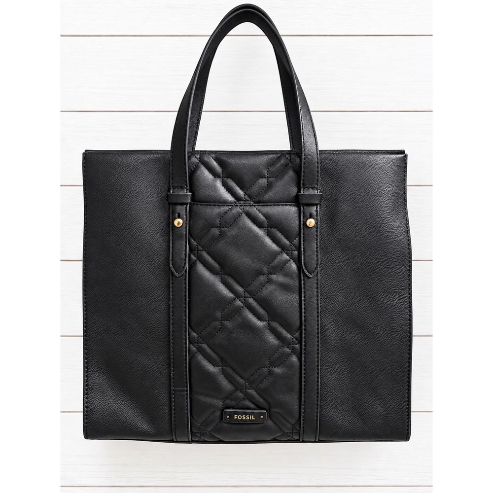 Fossil Carmen Shopper Tote Black Quilted Leather Handbag Gold Hardware EUC